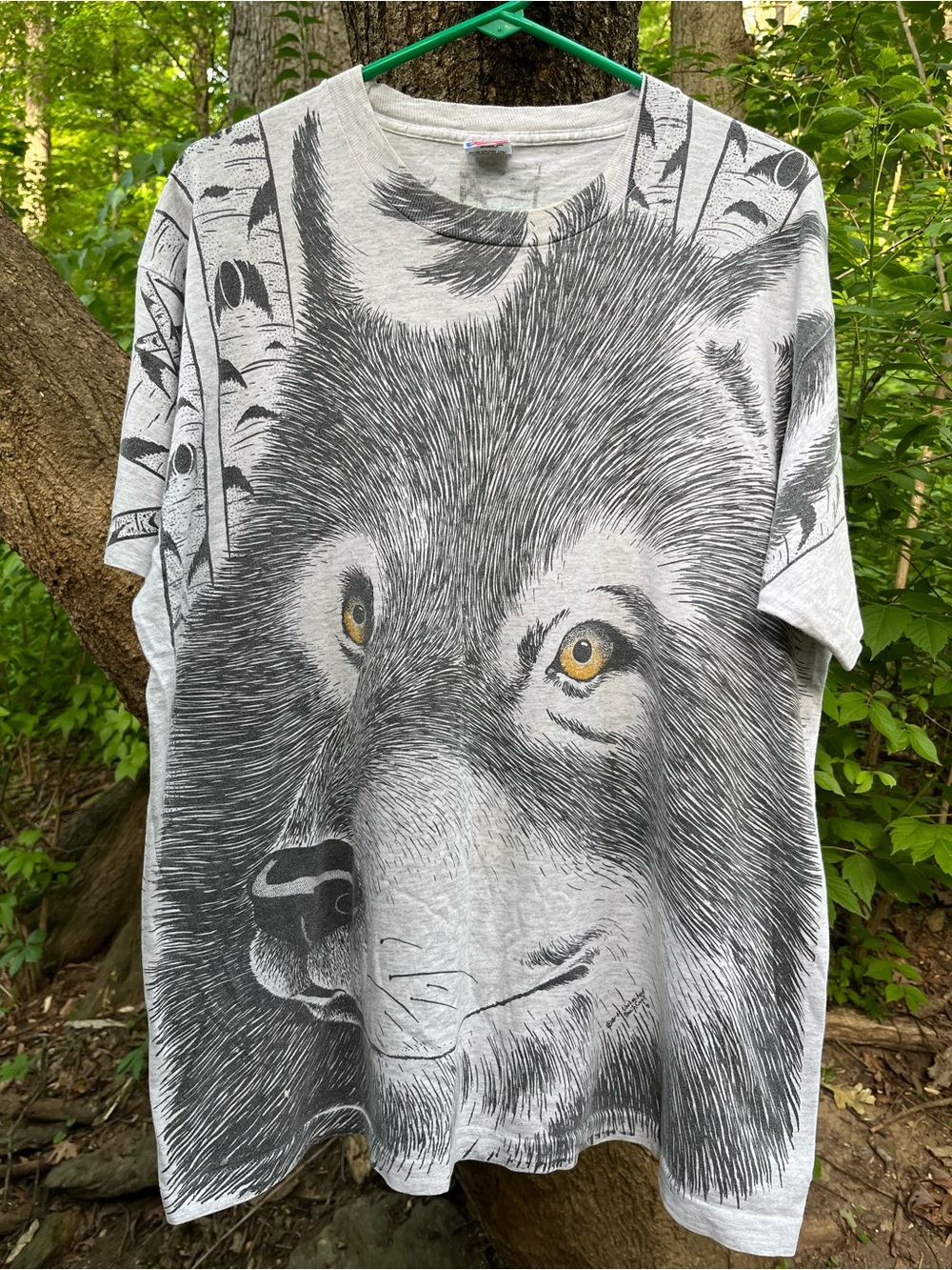 Vintage 1991 Single Stitch Wolf T-Shirt XL Geo F.  Cupit Art Unlimited AOP